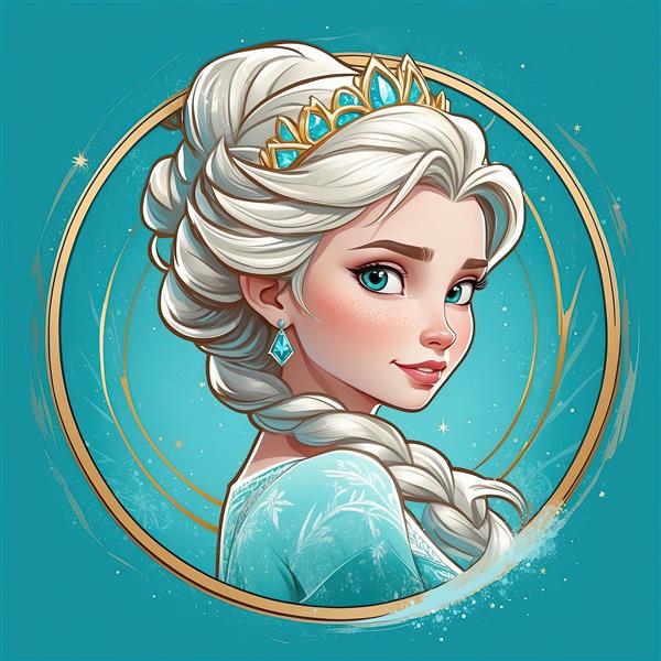 پرتره السا با موی بافته و پس‌زمینه فیروزه‌ای، تصویر جذاب و باکیفیت دایره‌ای فروزن