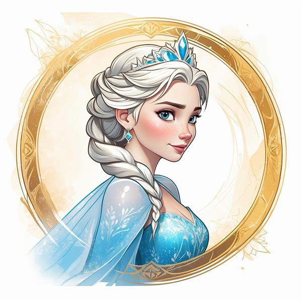 پرتره السا با شنل یخی در قاب طلایی، تصویر مناسب برای چاپ دکوراتیو با پس‌زمینه روشن