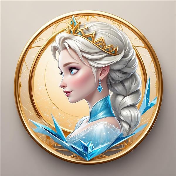 پرتره نیمرخ السا در قاب دایره‌ای طلایی با کریستال‌های یخ، طرح لوکس و باکیفیت