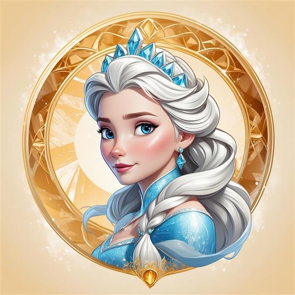 پرتره السا با موهای روان و تزیینات طلایی، طرح دایره‌ای با پس‌زمینه روشن برای چاپ