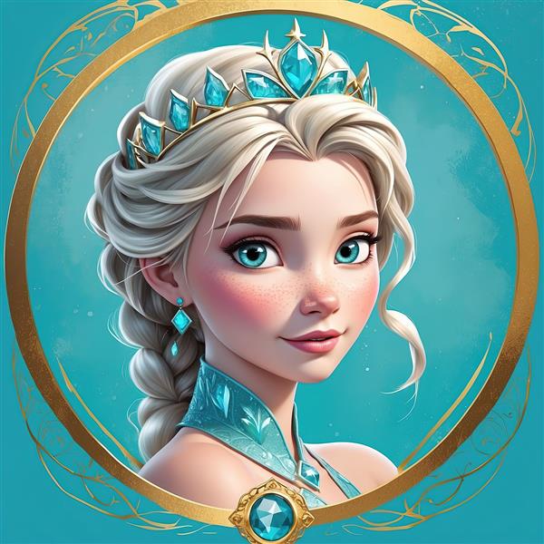 پرتره نزدیک السا با تاج بزرگ کریستالی در قاب طلایی،