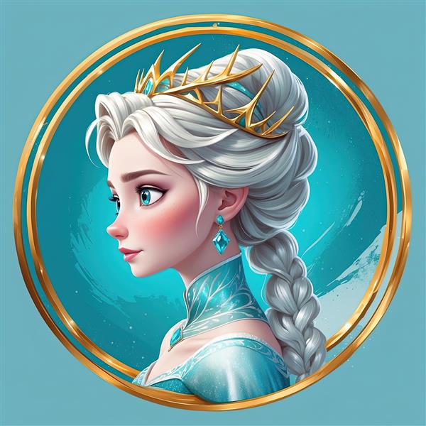 پرتره نیمرخ السا با تاج طلایی شاخدار و پس‌زمینه فیروزه‌ای، طرح لوکس دکوراتیو فروزن