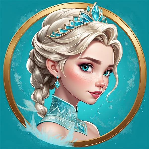 پرتره السا با تاج کریستالی و موی بافته شده، تصویر دایره‌ای باکیفیت برای پوستر فروزن