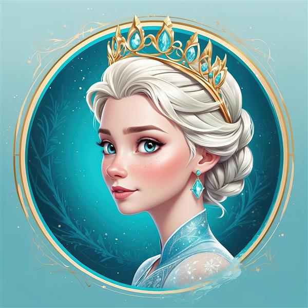 پرتره نیمرخ السا با تاج طلایی و پس‌زمینه فیروزه‌ای، تصویر جذاب و لوکس برای چاپ