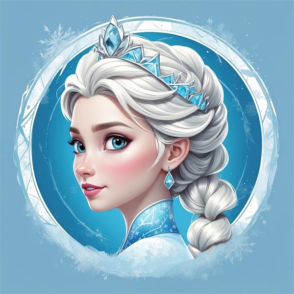 پرتره نیمرخ السا در قاب دایره‌ای با تزیینات کریستالی، طرح انیمیشن باکیفیت برای دکوراسیون