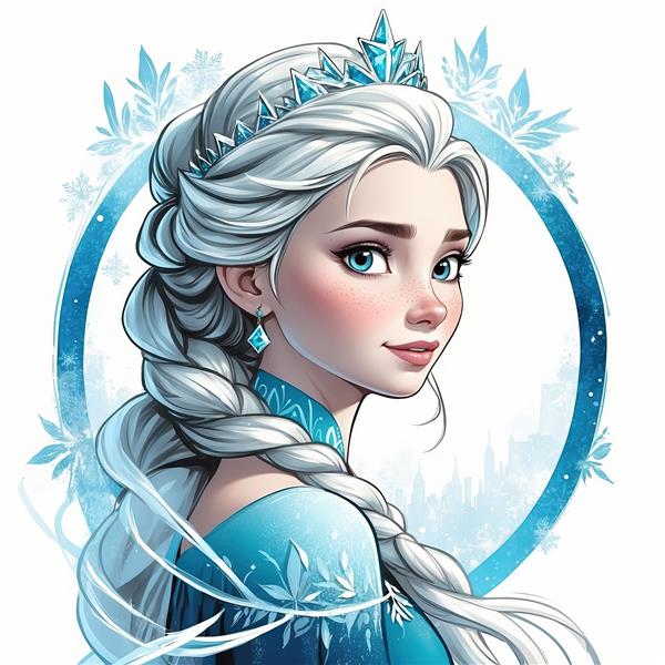 پرتره السا در لباس و تاج آبی با موهای بافته، طرح دایره‌ای با پس‌زمینه برفی و شهری