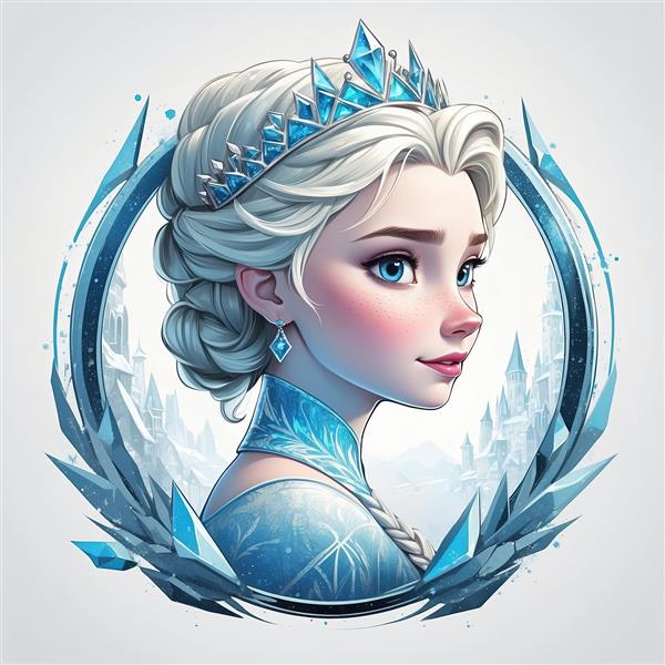 پرتره نیمرخ السا در قاب دایره‌ای یخ، تصویر باکیفیت پرنسس برفی برای پوستر و تابلو