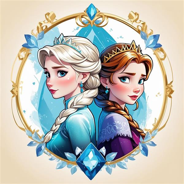 پرتره پشت به پشت السا و آنا در قاب طلایی با الماس مرکزی، طرح ویژه چاپ دکوراتیو فروزن