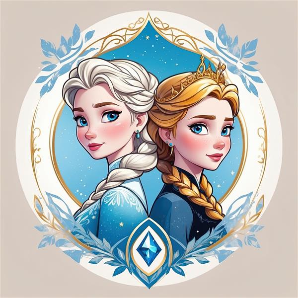 پرتره دایره‌ای السا و آنا با حاشیه برگ و کریستال یخ، تصویر باکیفیت و اورجینال فروزن