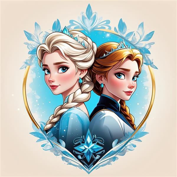 تصویر پشت به پشت السا و آنا در قاب قلبی‌شکل کریستالی، طرح گرافیکی لوکس فروزن