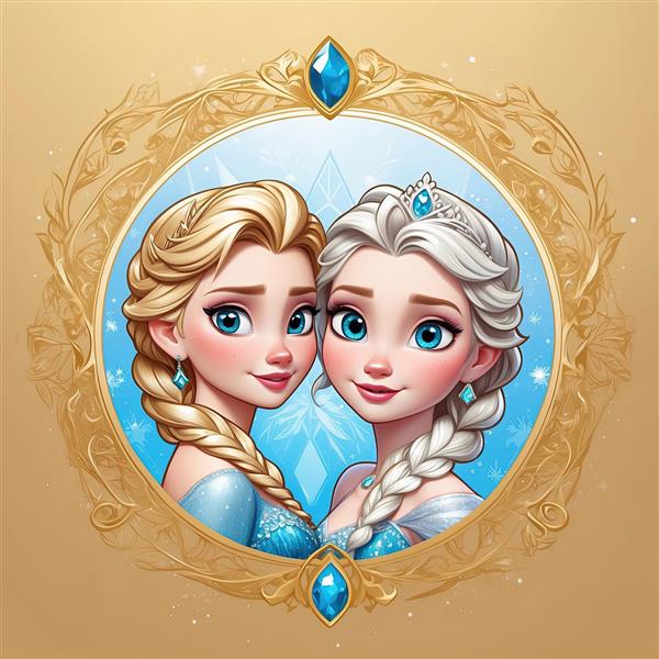 پرتره چهره به چهره السا و آنا در قاب سلطنتی، طرح دایره‌ای با کیفیت بالا برای تابلو فروزن