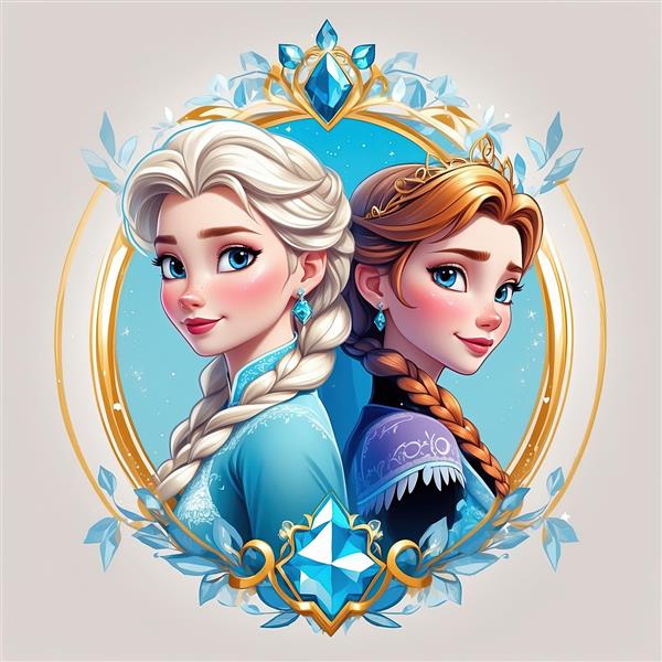 پرتره پشت به پشت السا و آنا در قاب طلایی با تزیینات کریستالی، تصویر باکیفیت چاپ فروزن