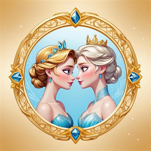 پرتره نیمرخ السا و آنا با تاج‌های طلایی و کریستال در قاب مجلل، طرح کلاسیک فروزن برای تابلو