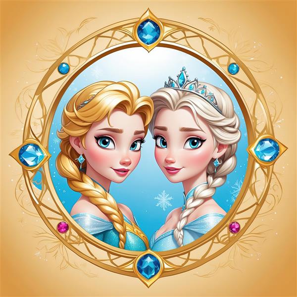 پرتره روبروی السا و آنا در قاب طلایی با تزیینات الماس آبی، تصویر باکیفیت دکوراتیو فروزن