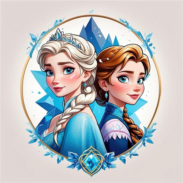 تصویر السا و آنا با پس‌زمینه کوه‌های کریستالی و قاب دایره‌ای طلایی، طرح جذاب فروزن برای چاپ