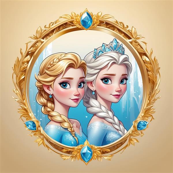 پرتره السا و آنا در لباس آبی با قاب سلطنتی طلایی و آبشار یخ، طرح اورجینال انیمیشن فروزن