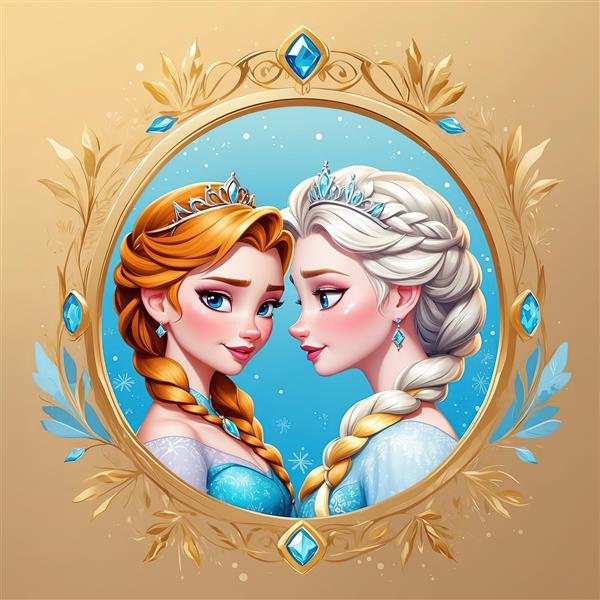 طرح کلاسیک السا و آنا با حاشیه طلایی و گل‌های یخ، تصویر پرتره باکیفیت برای تابلو فروزن