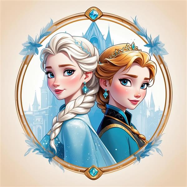 تصویر السا و آنا با پس‌زمینه قلعه آرندل و قاب طلایی نگین‌دار، طرح خاص انیمیشن فروزن