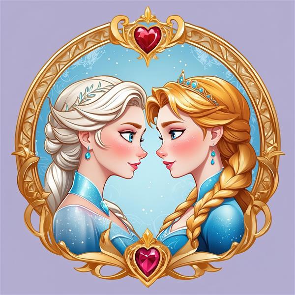 پرتره نیمرخ السا و آنا در قاب دایره‌ای مجلل با تزیینات قلب، طرح باکیفیت دکوراتیو فروزن