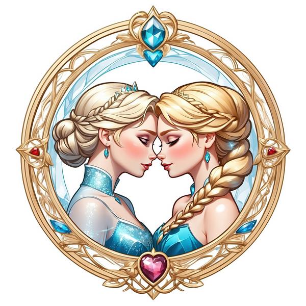 تصویر نزدیک السا و آنا در آغوش یکدیگر با قاب سلطنتی و قلب صورتی، چاپ پوستر فروزن