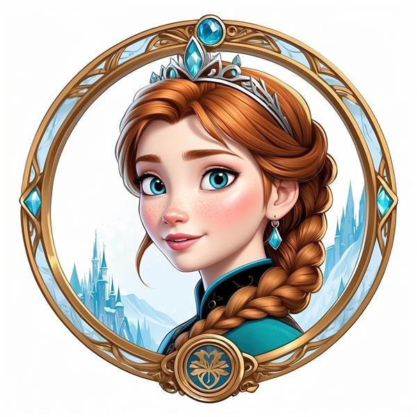 پرتره سیندرلا با موی جمع، تاج آبی و گوشواره در قاب طلایی سلطنتی