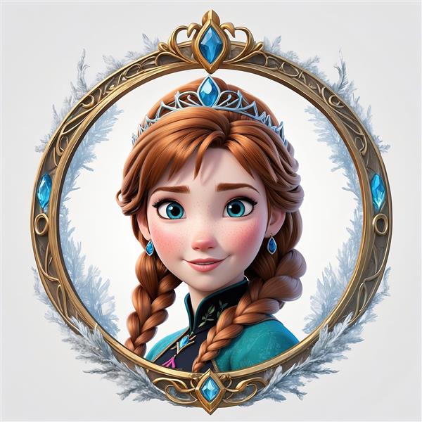 پرتره آنا از فروزن با موی بافته و لبخند در قاب طلایی زمستانی