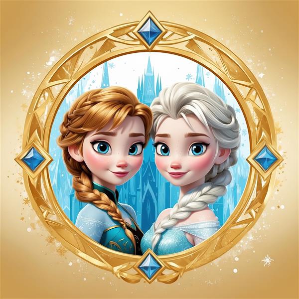 تصویر السا و آنا از انیمیشن فروزن در کنار قصر یخی در قاب طلایی