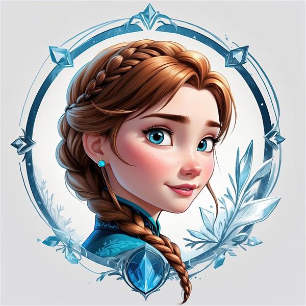 پرتره السا از فروزن با تاج و موی بافته شده سفید در قاب طلایی و یخی