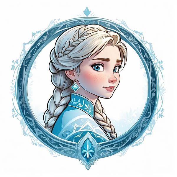 پرتره آنا از فروزن با موی بافته شده و برگ‌های یخ زده در قاب دایره‌ای