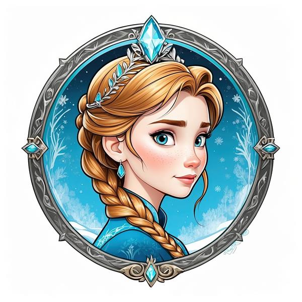 پرتره السا از فروزن با موی بافته شده سفید در قاب دکوراتیو یخی