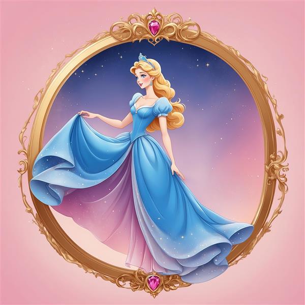 پرتره نیم‌رخ سیندرلا با تاج سلطنتی بزرگ و موی دم اسبی در زمینه تیره