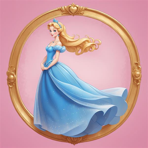 پرتره سیندرلا با موی جمع و لباس آبی در قاب دایره‌ای طلایی رویایی