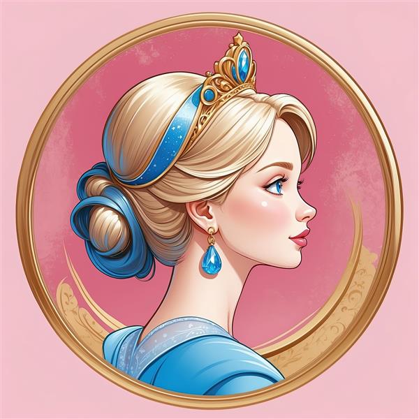 پرتره نیم‌رخ سیندرلا با موی جمع و تاج طلایی در قاب طلایی و زمینه صورتی