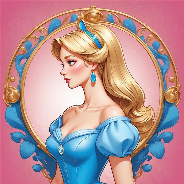 سیندرلا با موی دم اسبی و لباس آبی در قاب سلطنتی صورتی و آبی