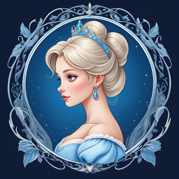 پرتره نیم‌رخ سیندرلا با موی جمع و تاج آبی در قاب برگ‌های یخی و زمینه شب