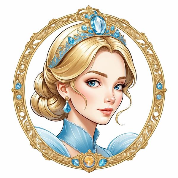 چهره شاد سیندرلا با موی جمع و تاج آبی در قاب دایره‌ای دکوراتیو