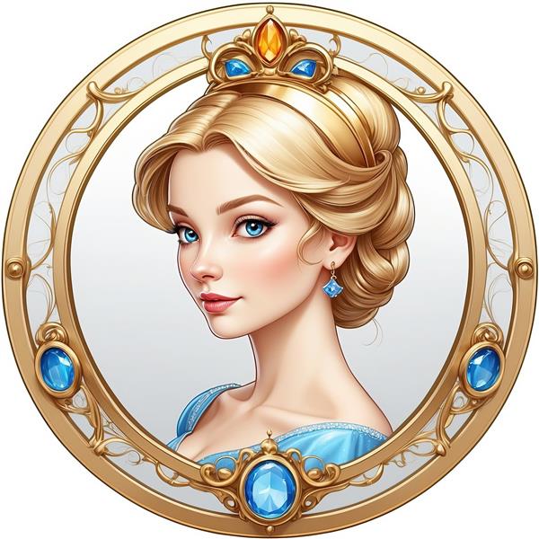 پرتره سیندرلا با موی جمع و تاج نارنجی در قاب طلایی با جواهرات آبی