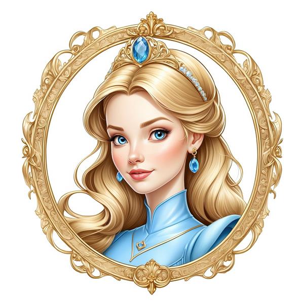 پرتره سیندرلا با لباس یقه‌دار آبی و گوشواره‌های بزرگ در قاب دایره‌ای طلایی