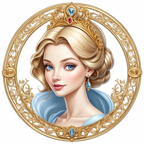 پرتره جذاب سیندرلا با تاج طلایی و جواهرات آبی در قاب زرین با کیفیت بالا