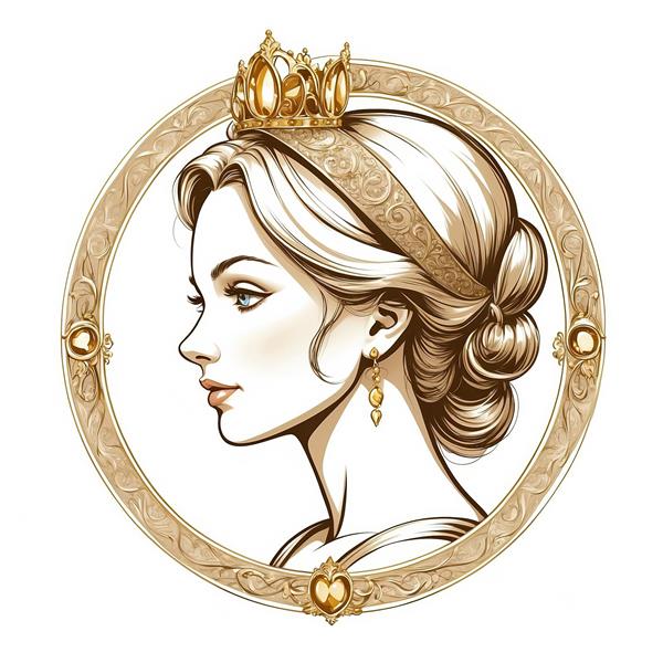 تصویر خطی سیندرلا با موی جمع و تاج طلایی در قاب دایره‌ای کلاسیک