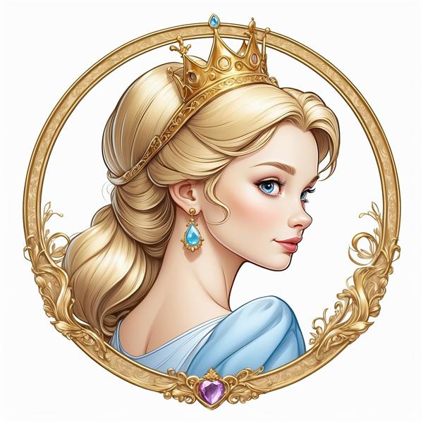 سیندرلا با لباس آبی و تاج طلایی در قاب سلطنتی دایره‌ای (پرتره از پشت)