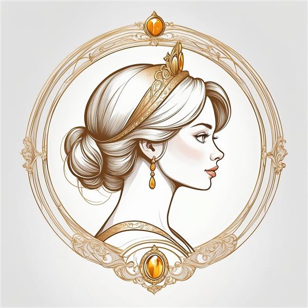 پرتره نیم‌رخ سیندرلا با تاج و گوشواره طلایی در قاب دکوراتیو (طرح خطی)