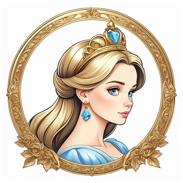 پرتره نزدیک سیندرلا با تاج و گوشواره بزرگ آبی در قاب طلایی گلدار