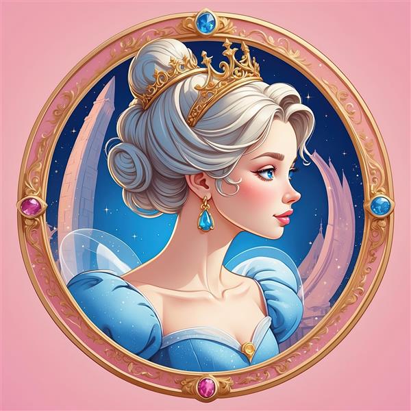 پرتره سیندرلا با موی نقره‌ای/بلوند در قاب صورتی و آبی رویایی