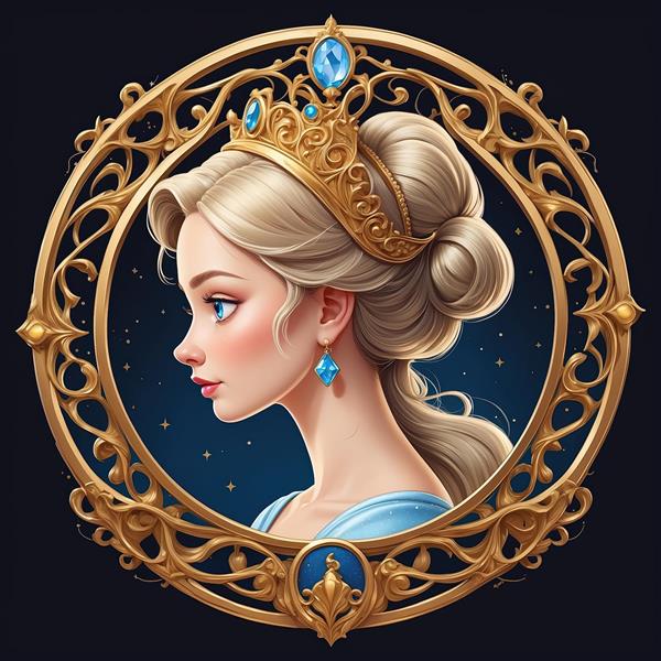 پرتره نیم‌رخ سیندرلا با موی جمع و تاج طلایی در قاب دکوراتیو (تصویر باکیفیت)