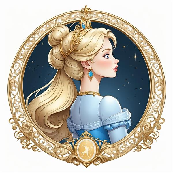 پرتره نیم‌رخ شاهزاده خانم سیندرلا با موی بلند در قاب کلاسیک طلایی و آسمان پرستاره