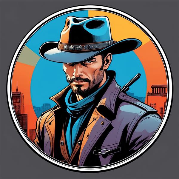 پرتره مرد وسترن در شهر با کلاه و ژاکت چرمی طرح کامیک بوکی