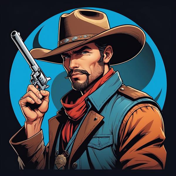 طرح کامیک بوکی مرد وسترن با کلاه، دستمال گردن قرمز و رولور