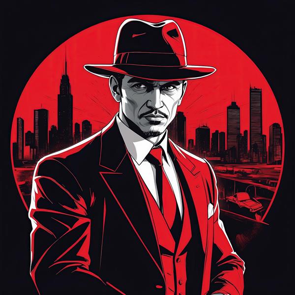 تصویر نوآر مرد گانگستر با کت و شلوار و کلاه فدورا در پس زمینه شهر قرمز