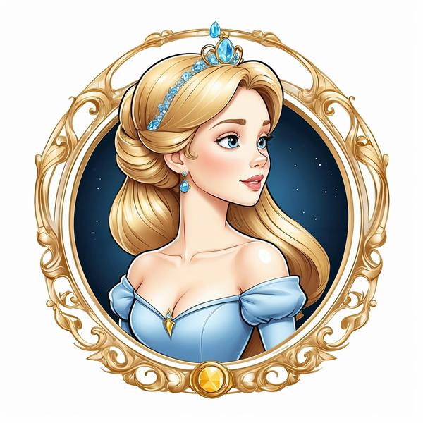 پرتره سیندرلا شاهزاده با تاج و گوشواره آبی در قاب طلایی رویایی (کیفیت چاپ بالا)